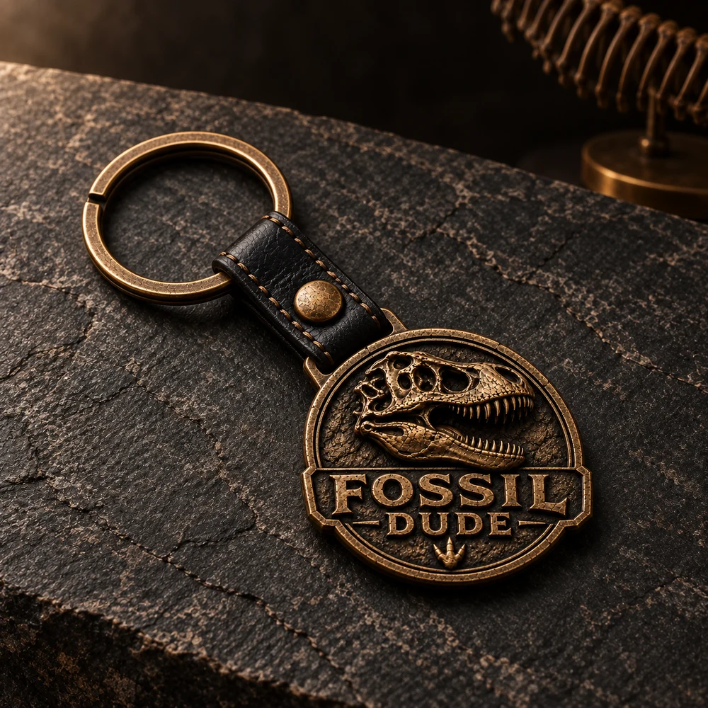 Heritage Logo Keychain with Fossil Dude branding on a stone tabletop, with a partial dinosaur skeleton in the background