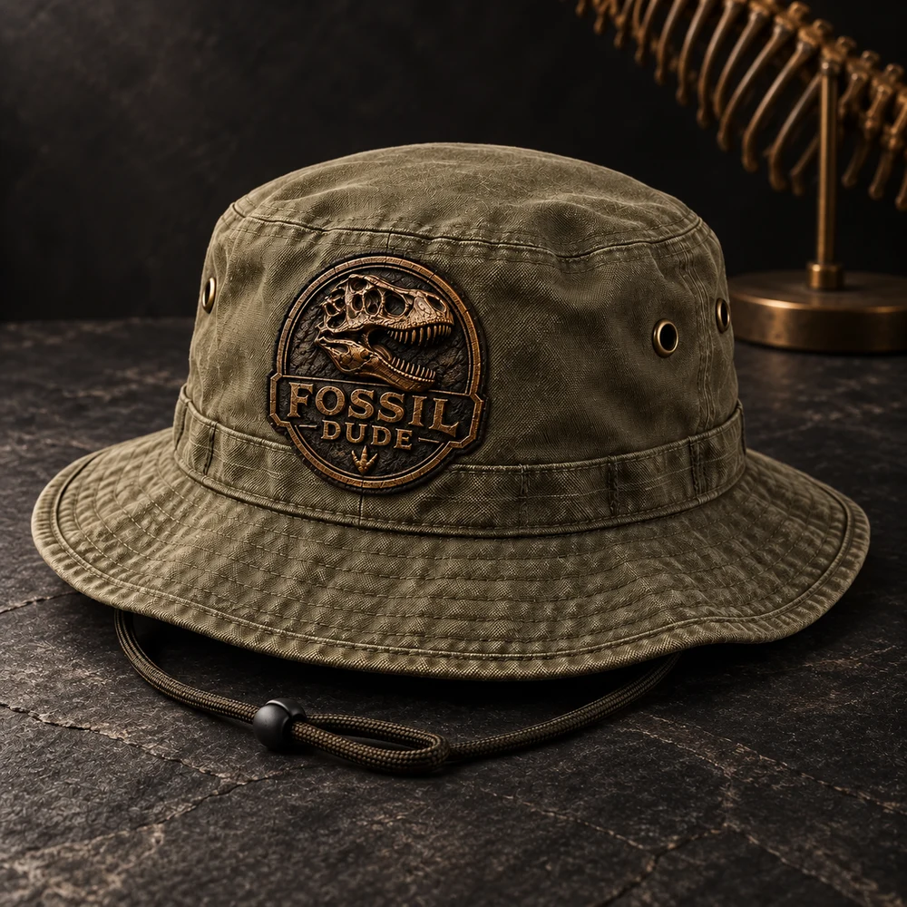 Fossil Hunter Safari Hat with Fossil Dude branding on a stone tabletop, with a partial dinosaur skeleton in the background