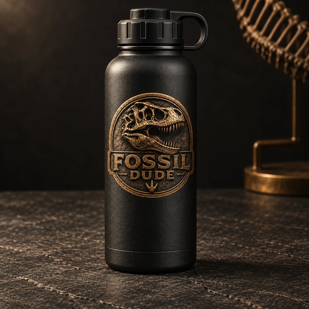Fossil Dude Trail Bottle with Fossil Dude branding on a stone tabletop, with a partial dinosaur skeleton in the background